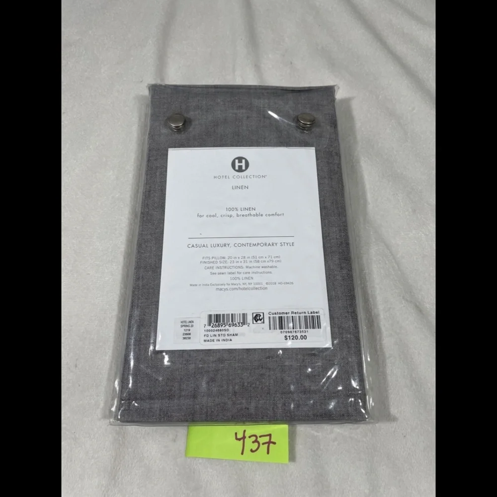 NIB Hotel Collection Linen (1) Standard‎ Sham Pillow Case in Grey